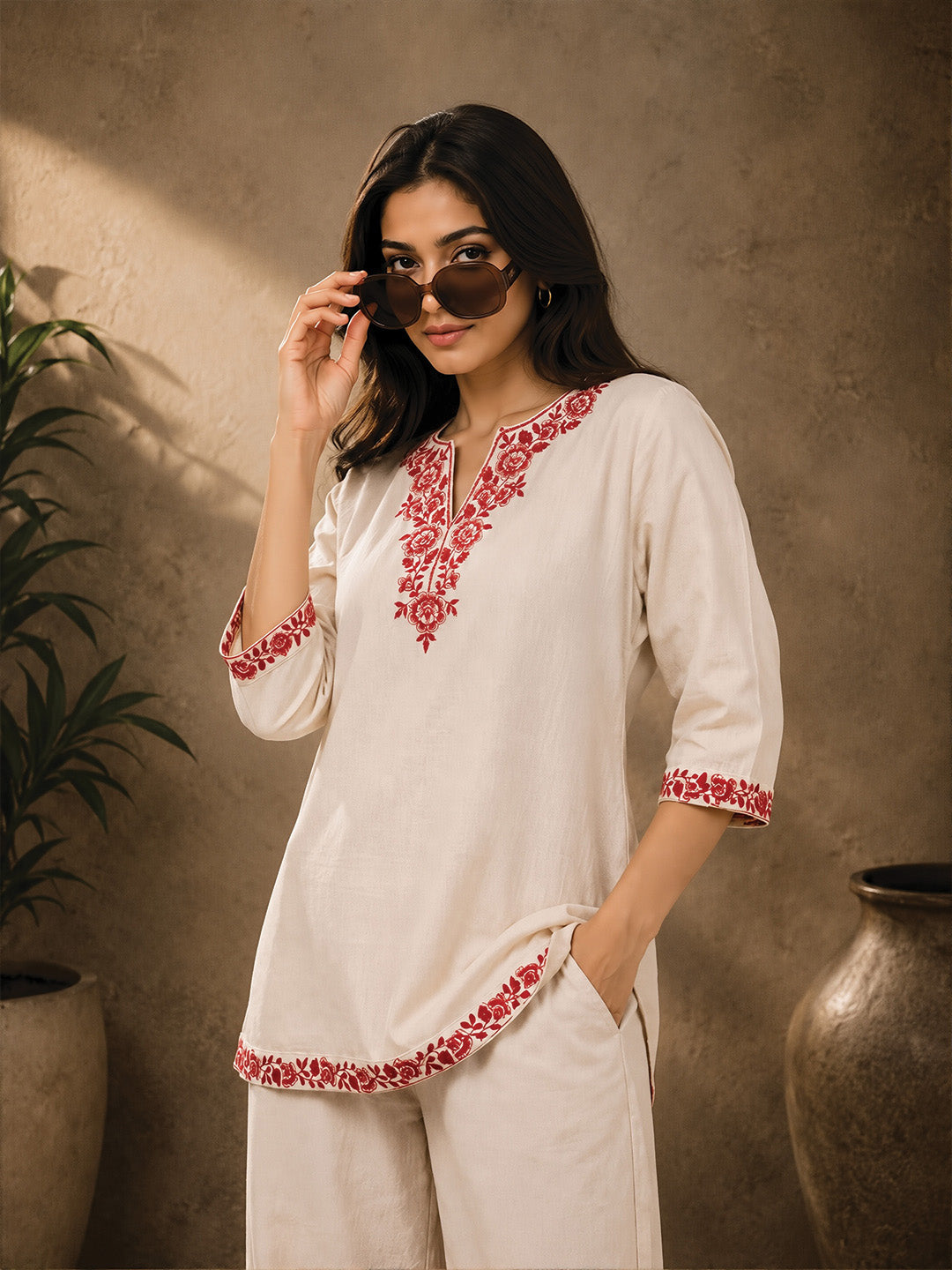 White & Red Floral Embroidered Short Kurta