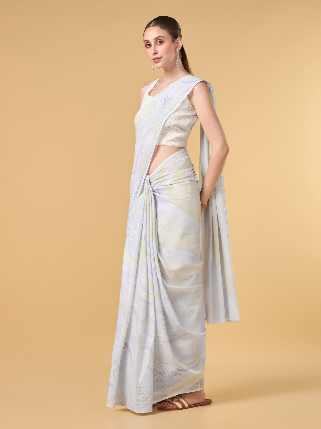 Purple Paradise Hand Marble Printed Cotton Saree