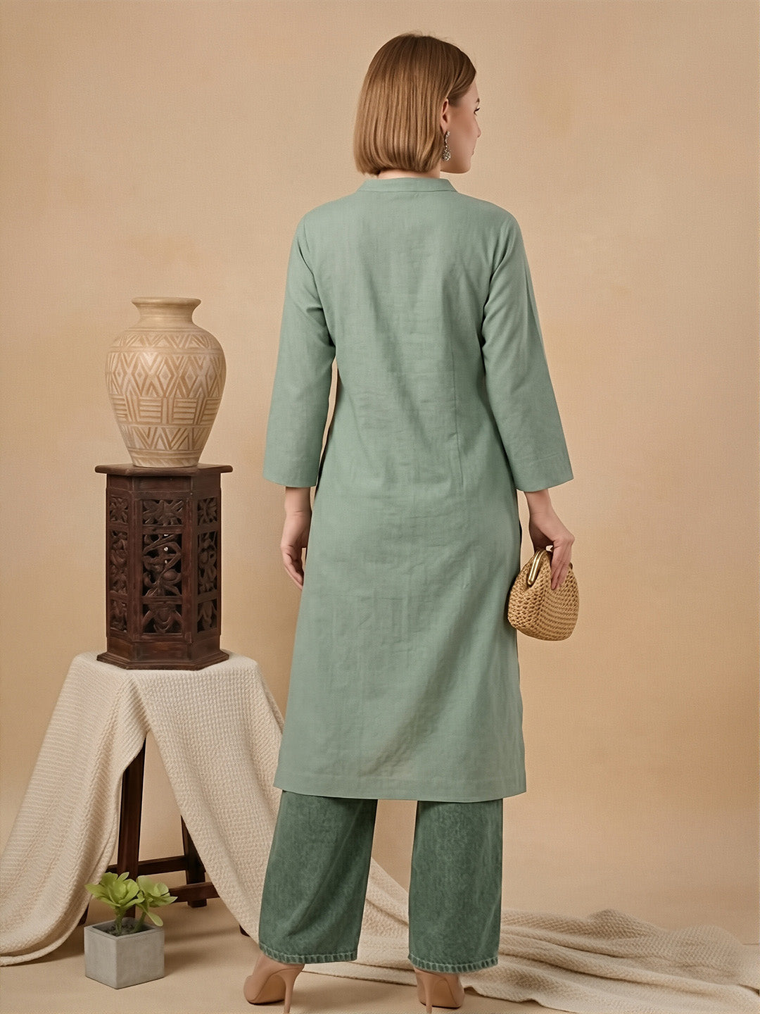 Classic Linen Smoke Green Straight Long Kurta