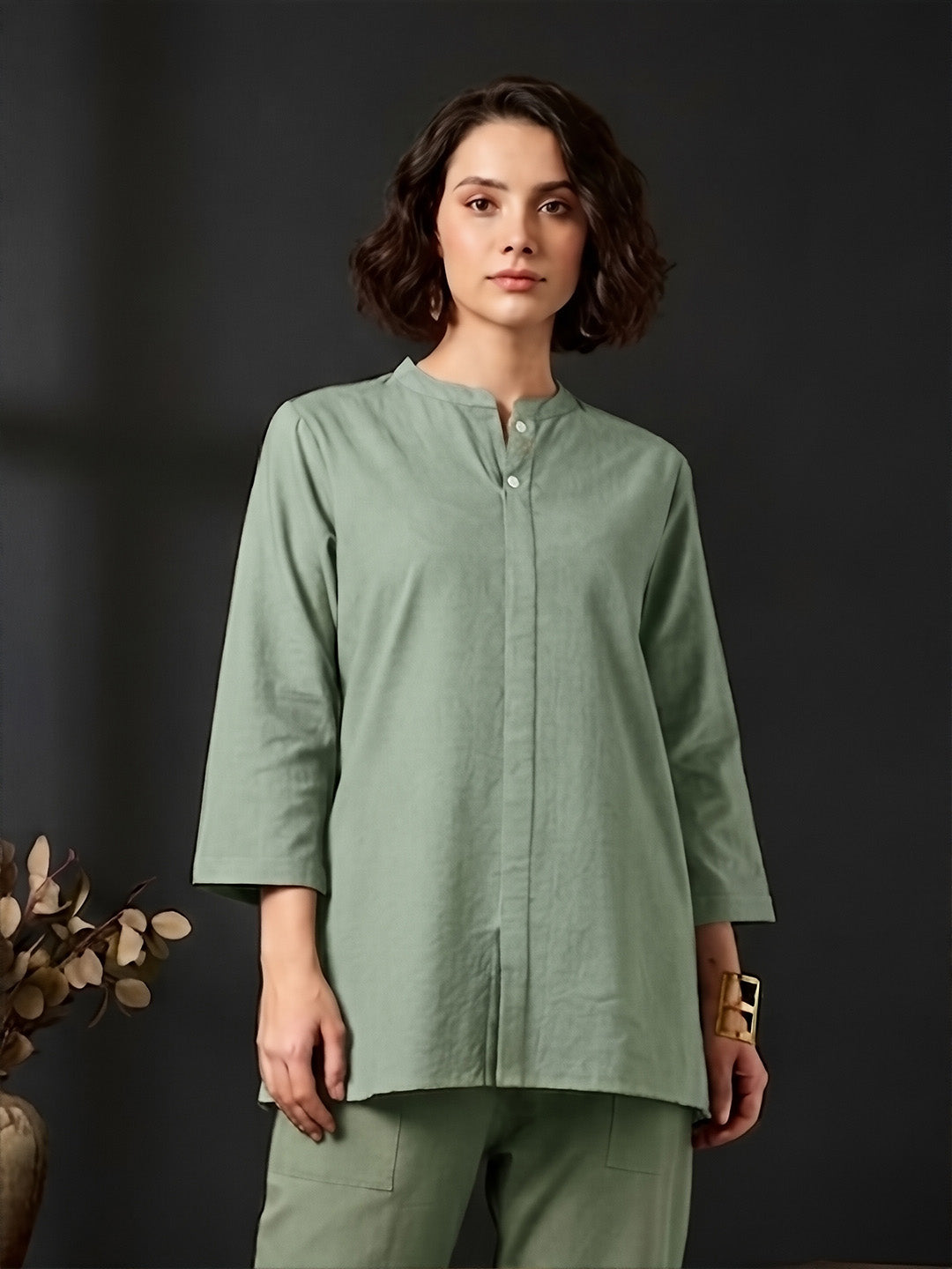Classic Linen Smoke Green Short Kurta