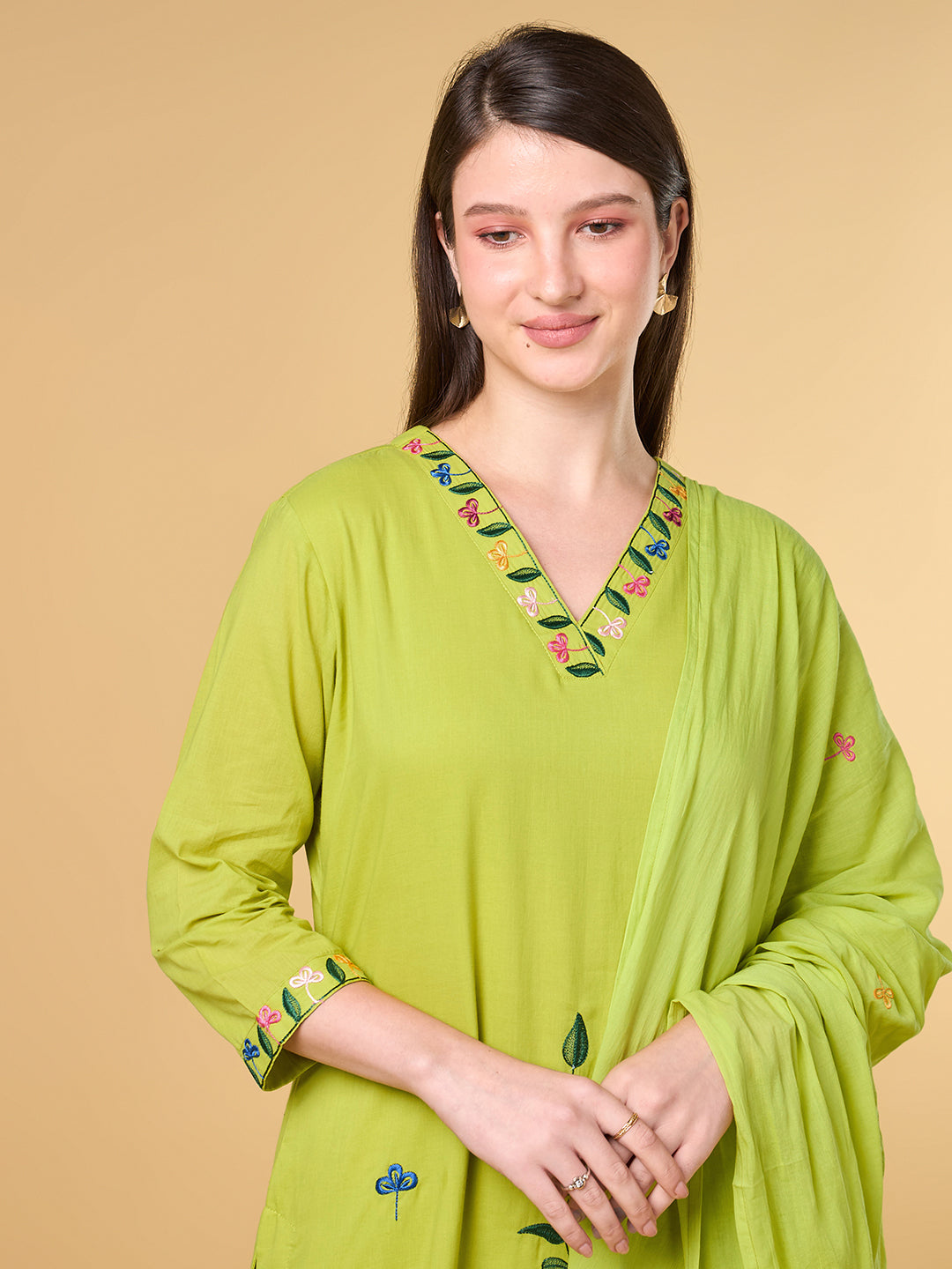 Green Embroidered Cotton Suit