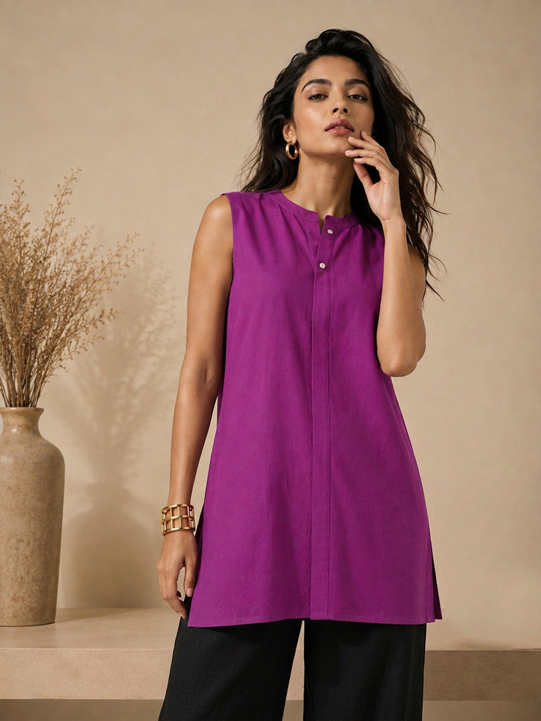 Linen Purple Solid Short kurta