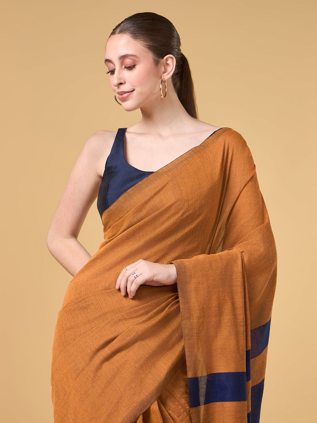Dark Orange Blue Contrast Cotton Saree