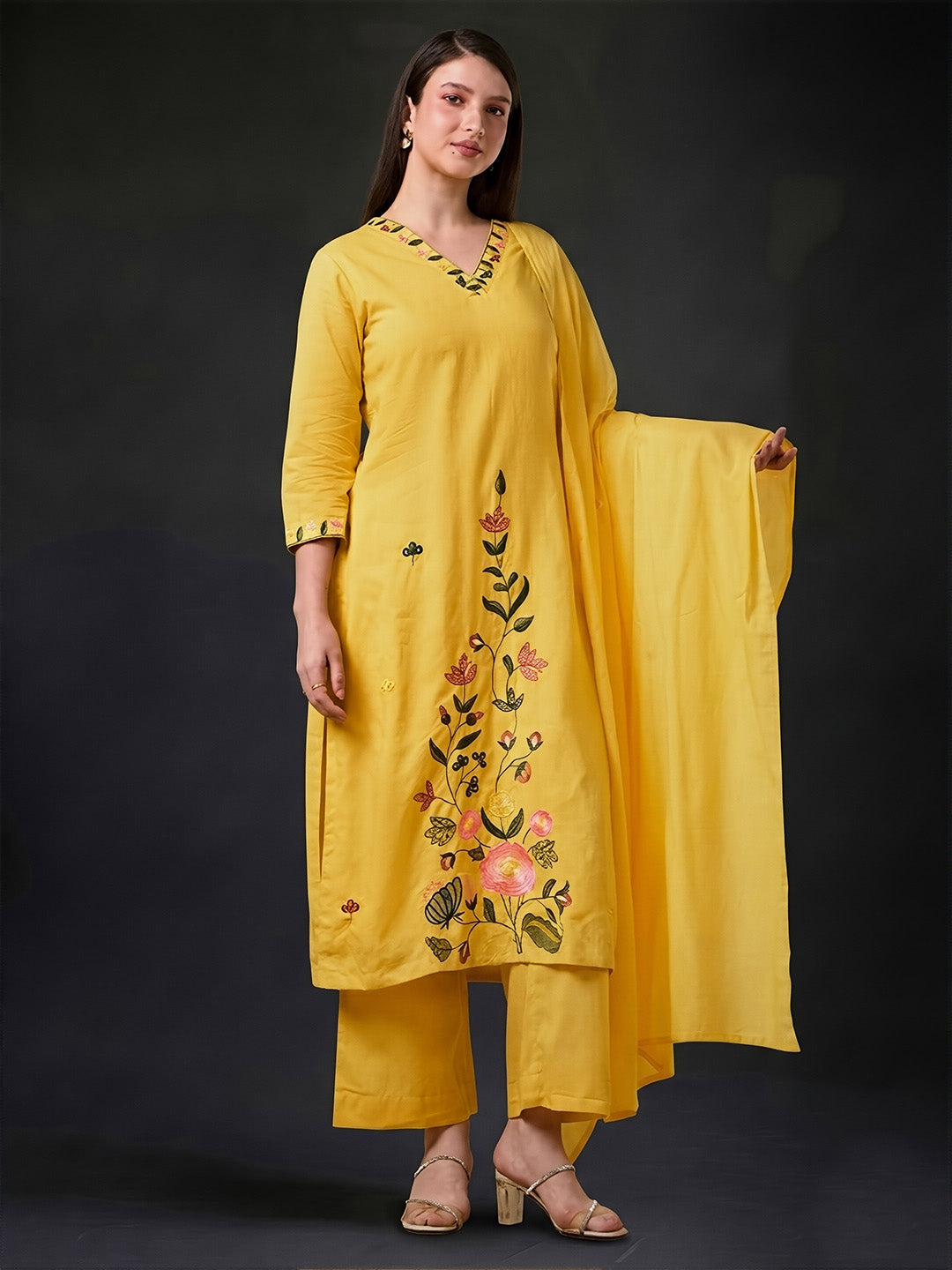 Yellow Embroidered Cotton Suit