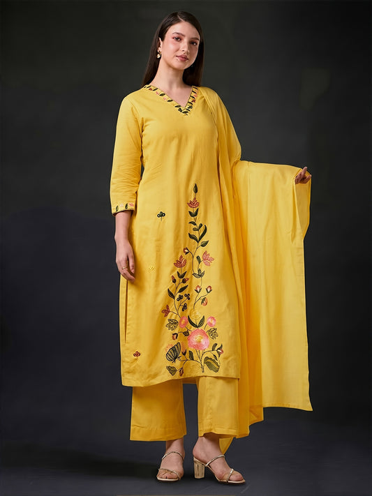 Yellow Embroidered Cotton Suit