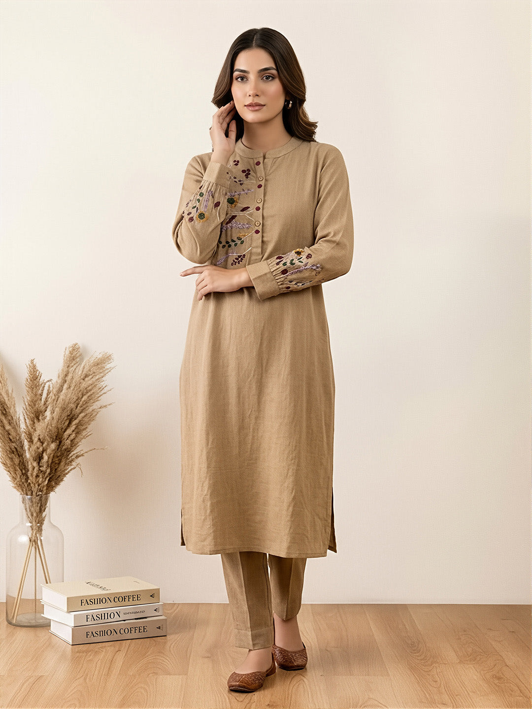 Light Brown Embroidered Work linen Coord Set