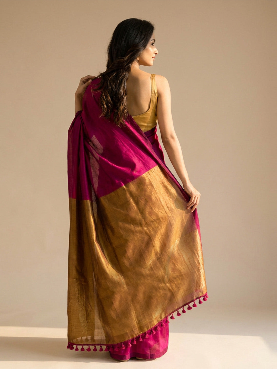 Rani Pink Gold Contrast Cotton Saree