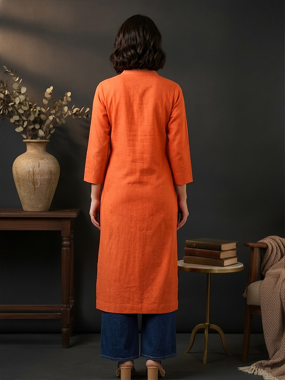 Classic Linen Saffron Orange Straight Long Kurta