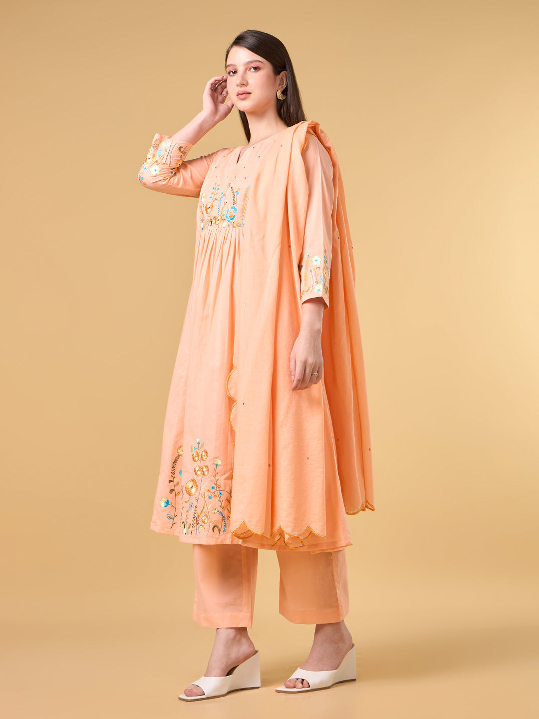 Peach Embroidered Cotton Suit
