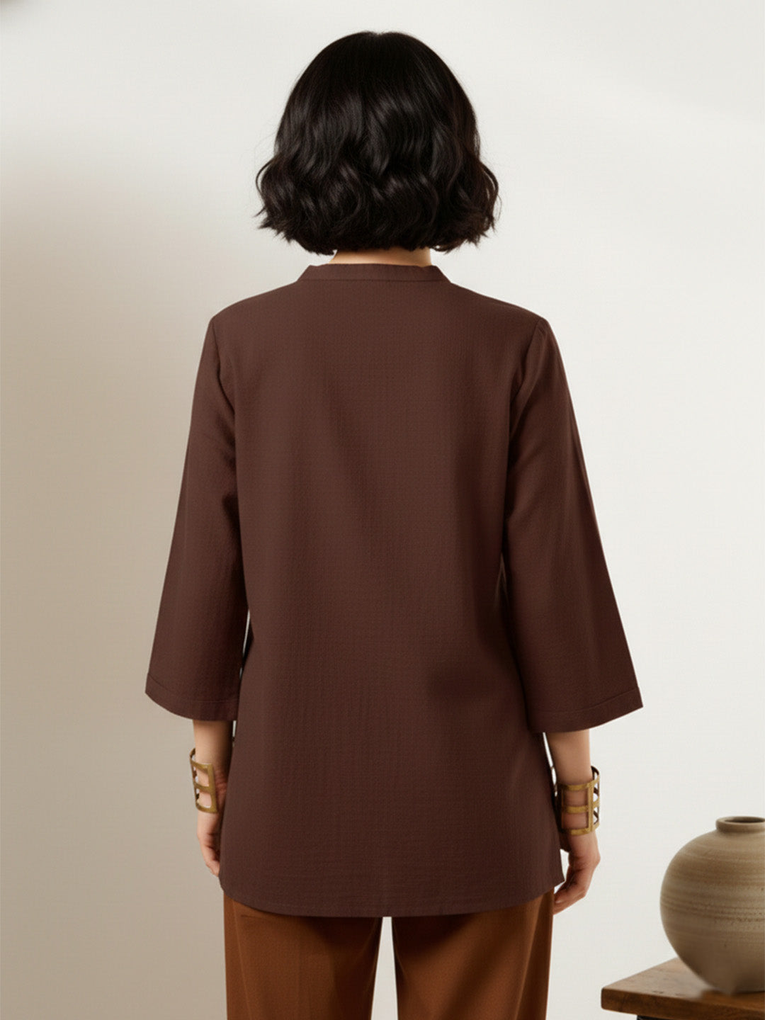 Classic Linen Dark Brown Short Kurta