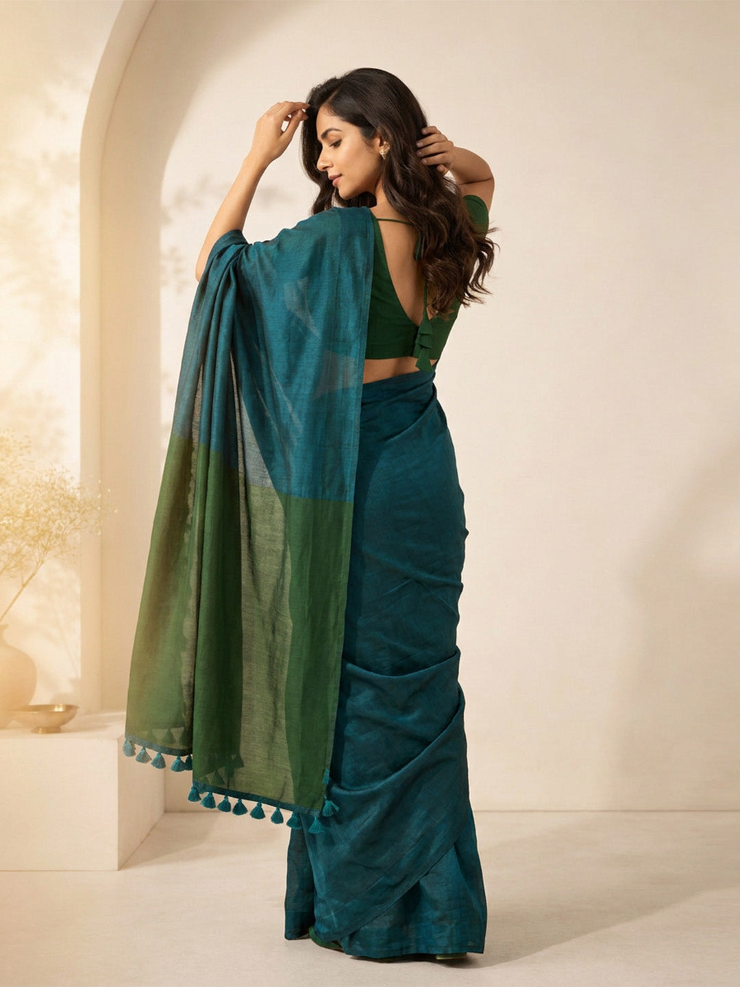 Dark Teal Green Contrast Cotton Saree