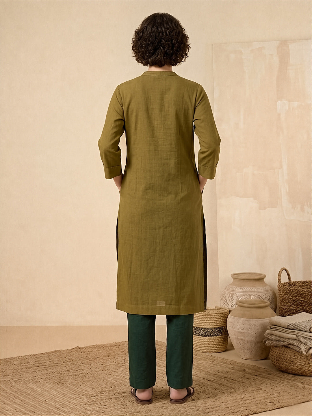 Classic Linen Olive Green Long Kurta