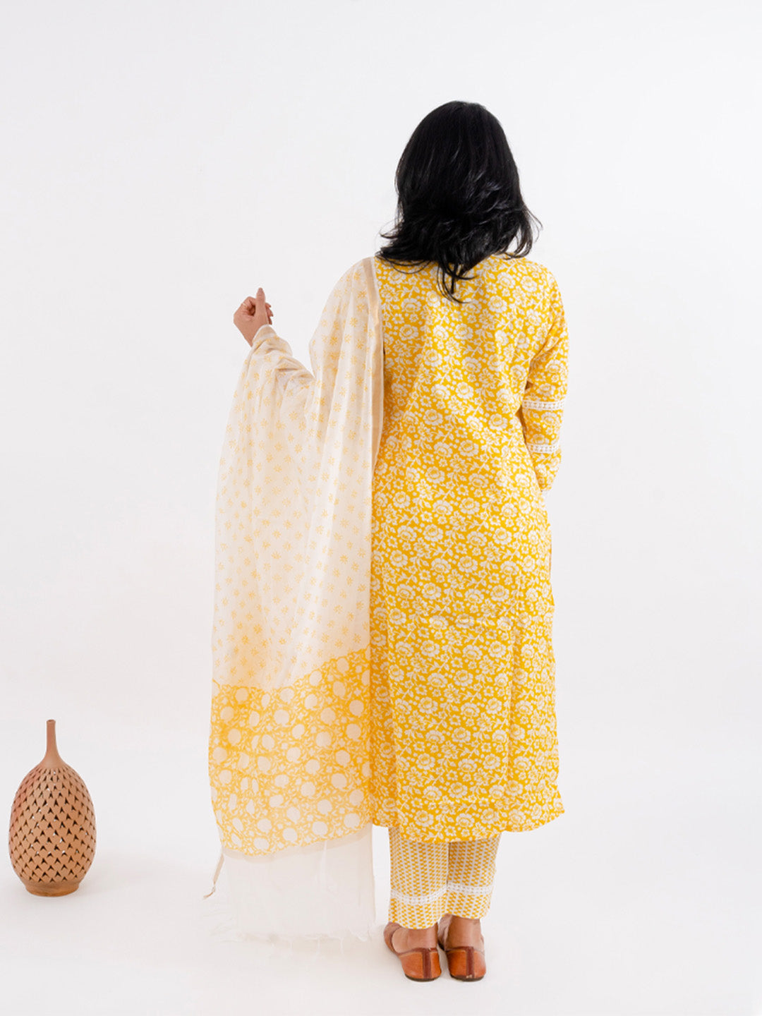 Amber Yellow Floral Print with Lace Work Cotton Suit