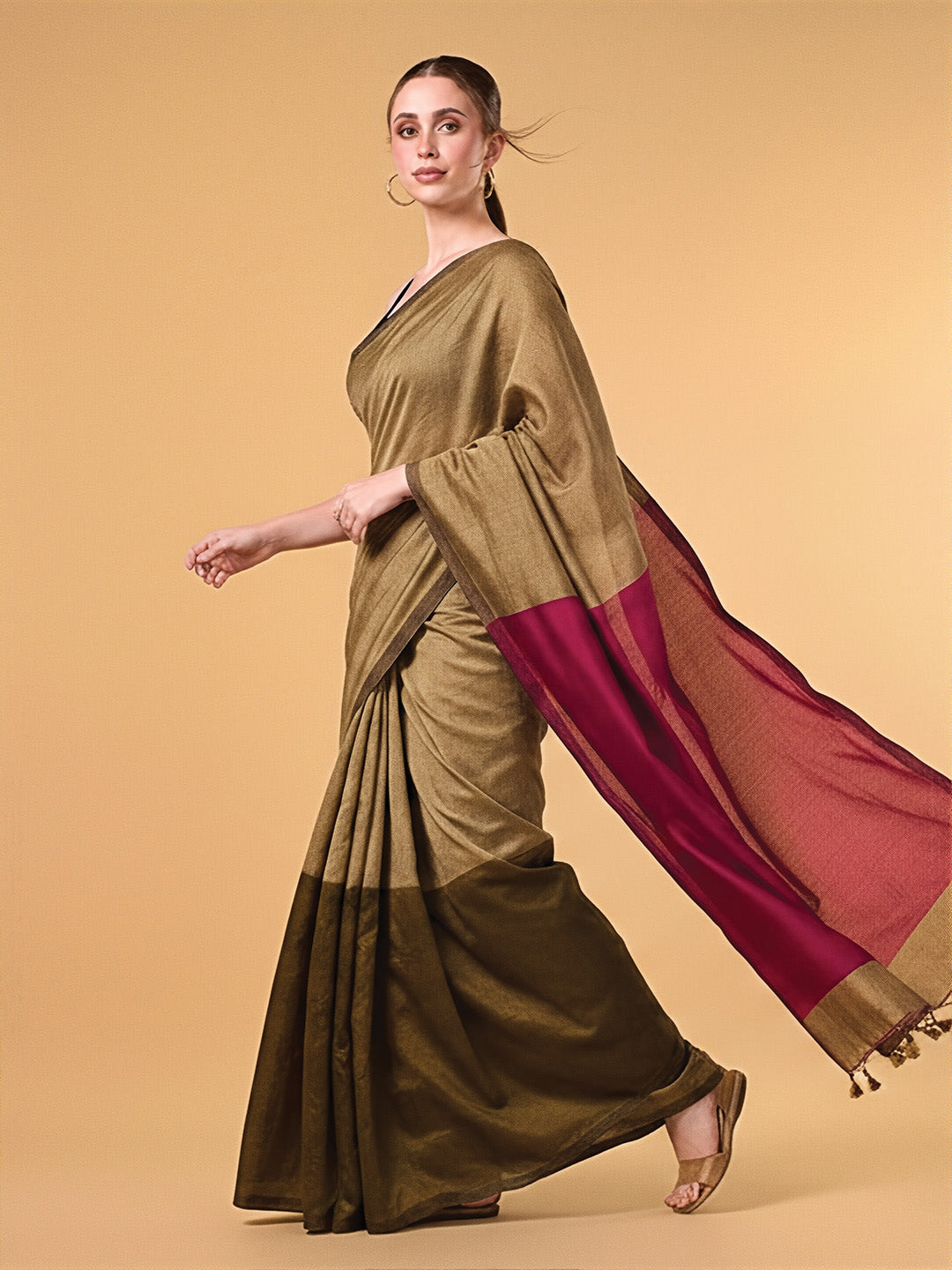 Pink Olive Contrast Cotton Saree