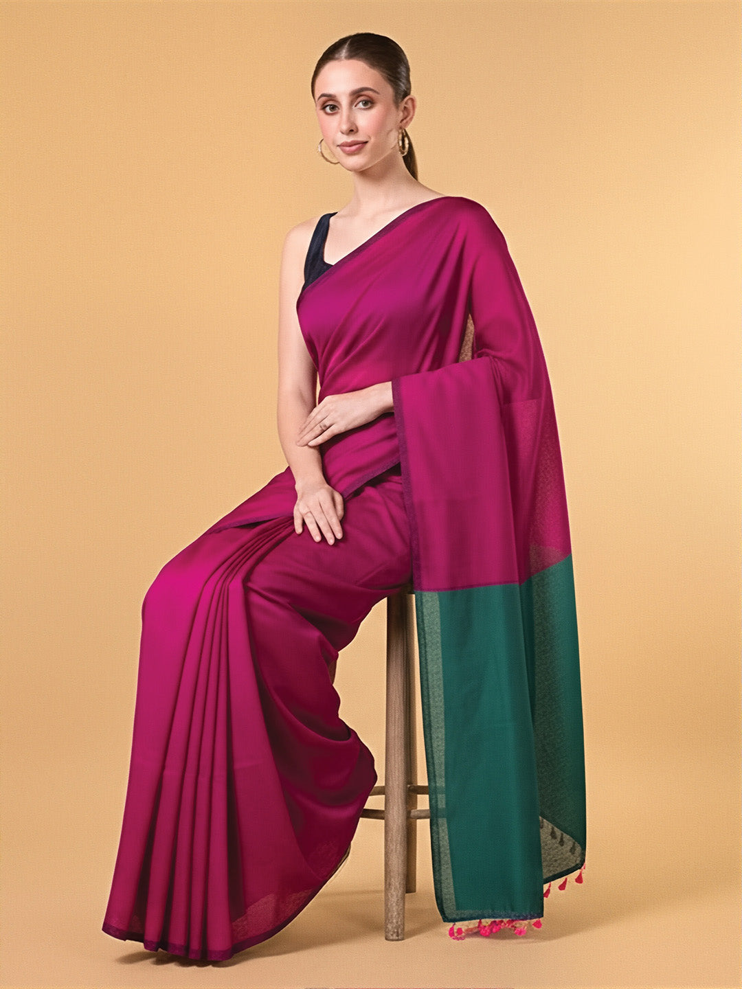 Pink Teal Green Contrast Cotton Saree