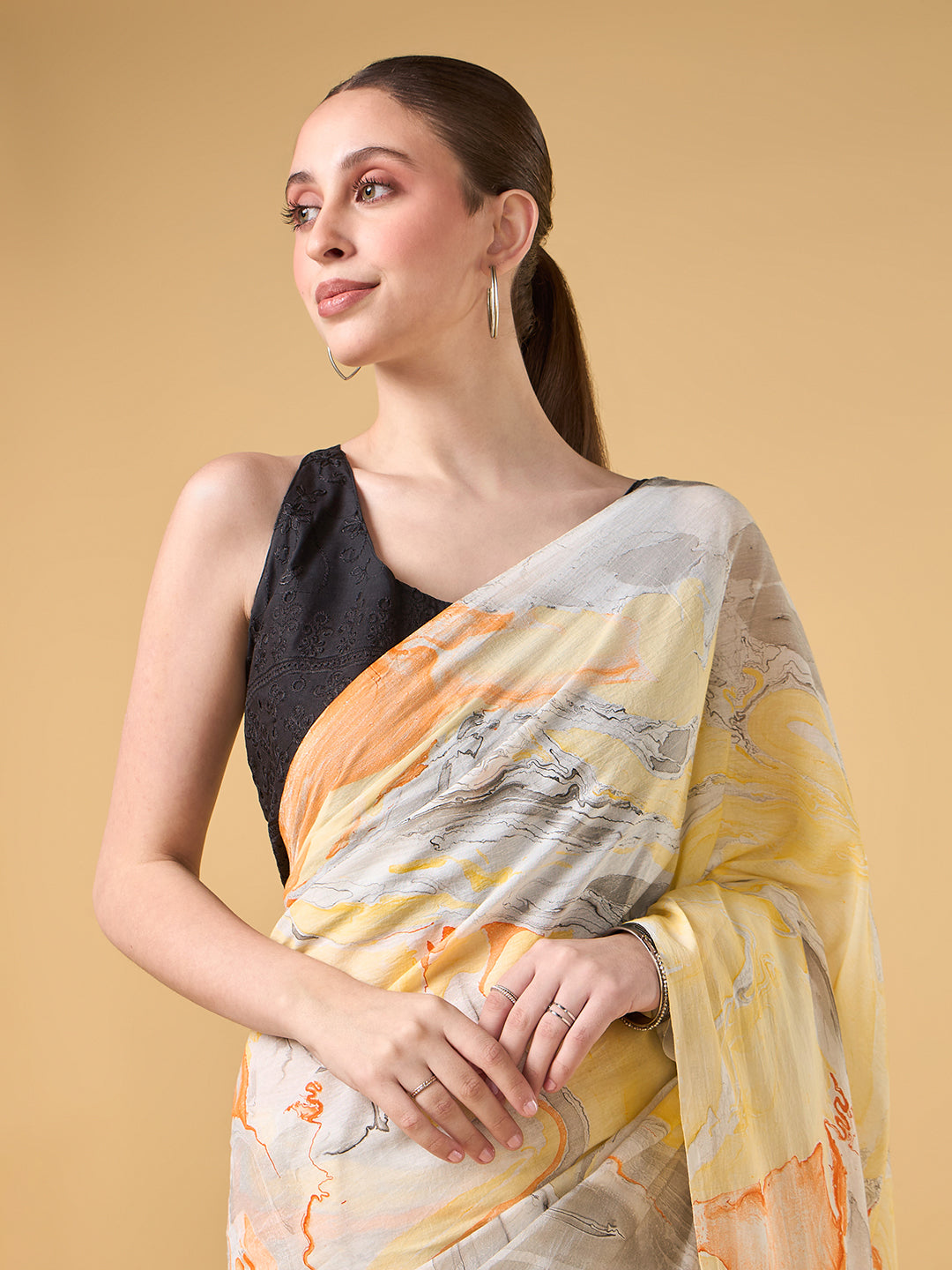 Yellow Abstract Hand Marble Printed Cotton Saree