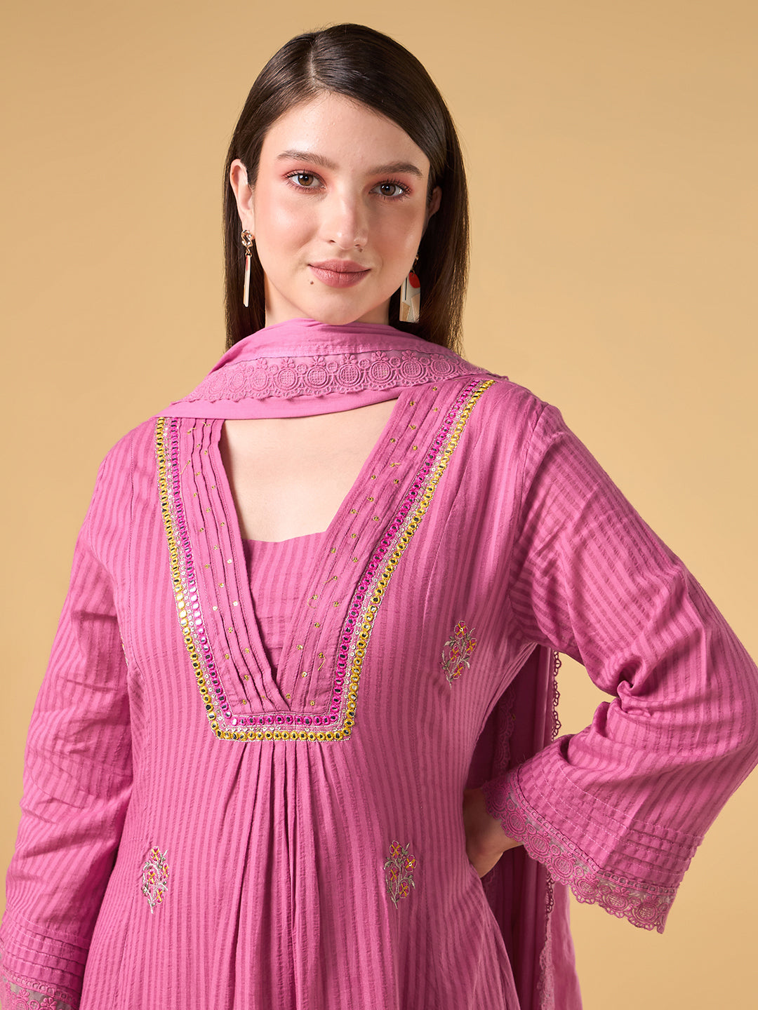 Pink Stripe Embroidered Cotton Suit