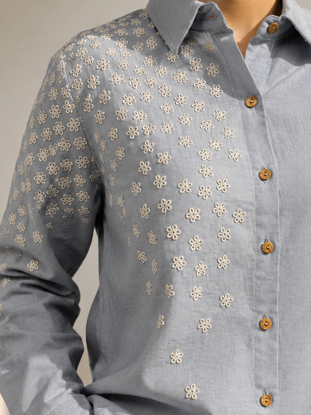 Sky Blue Flower Embroidered Shirt