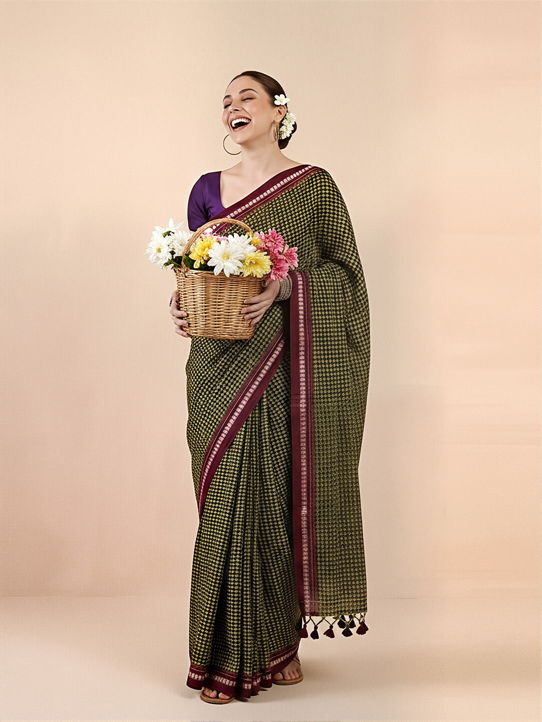 Heera Green Flower Cotton Khun Saree