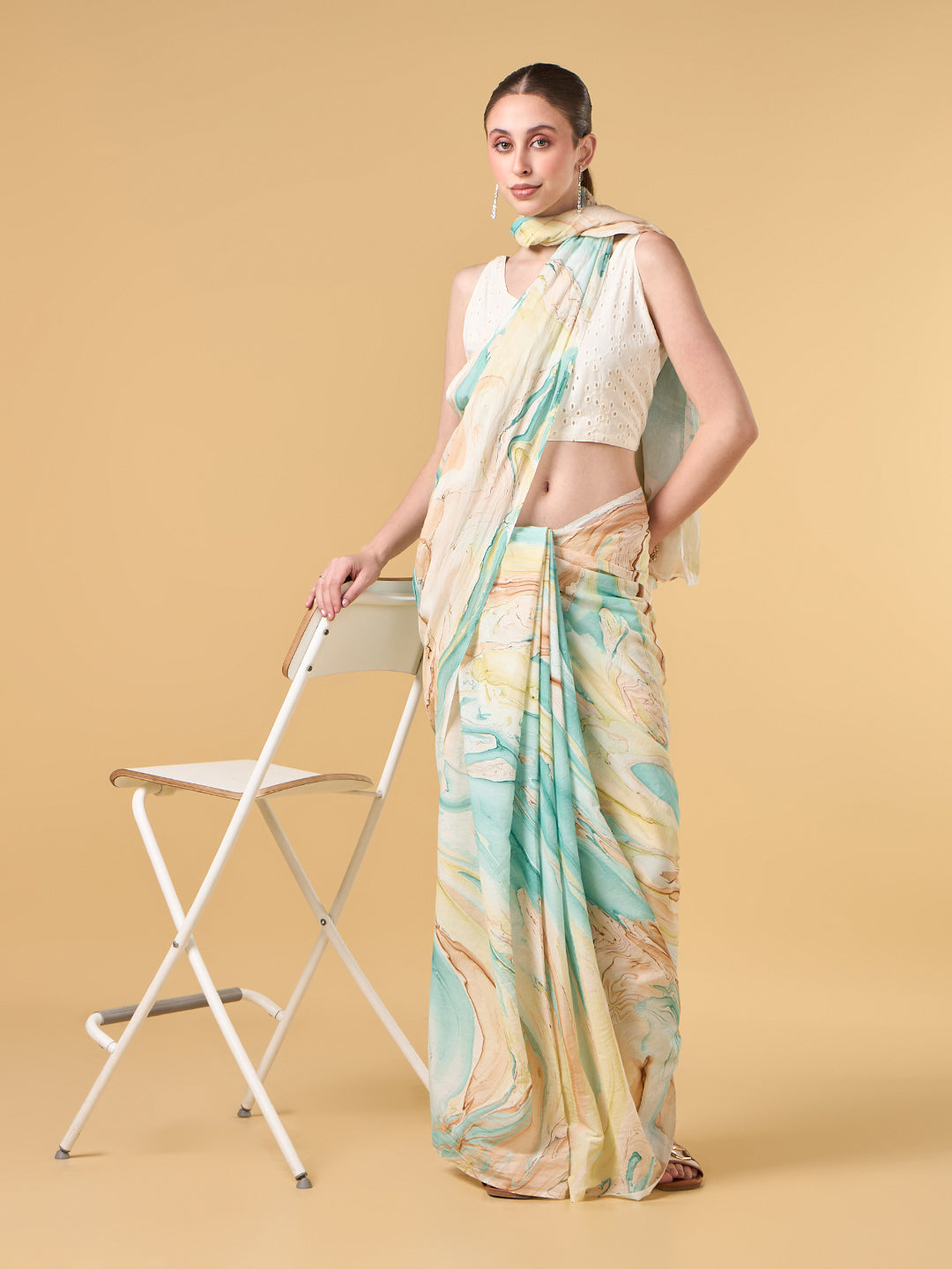 Ocean Blue Hand Marble Printed Cotton Saree
