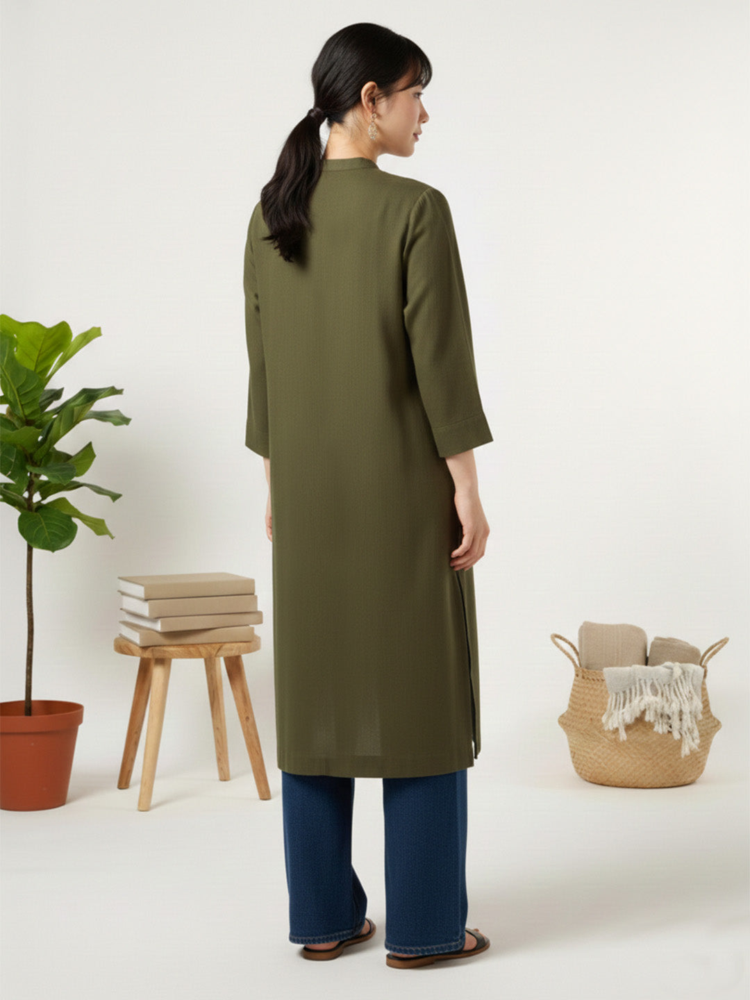 Classic Linen Army Green Straight Long Kurta