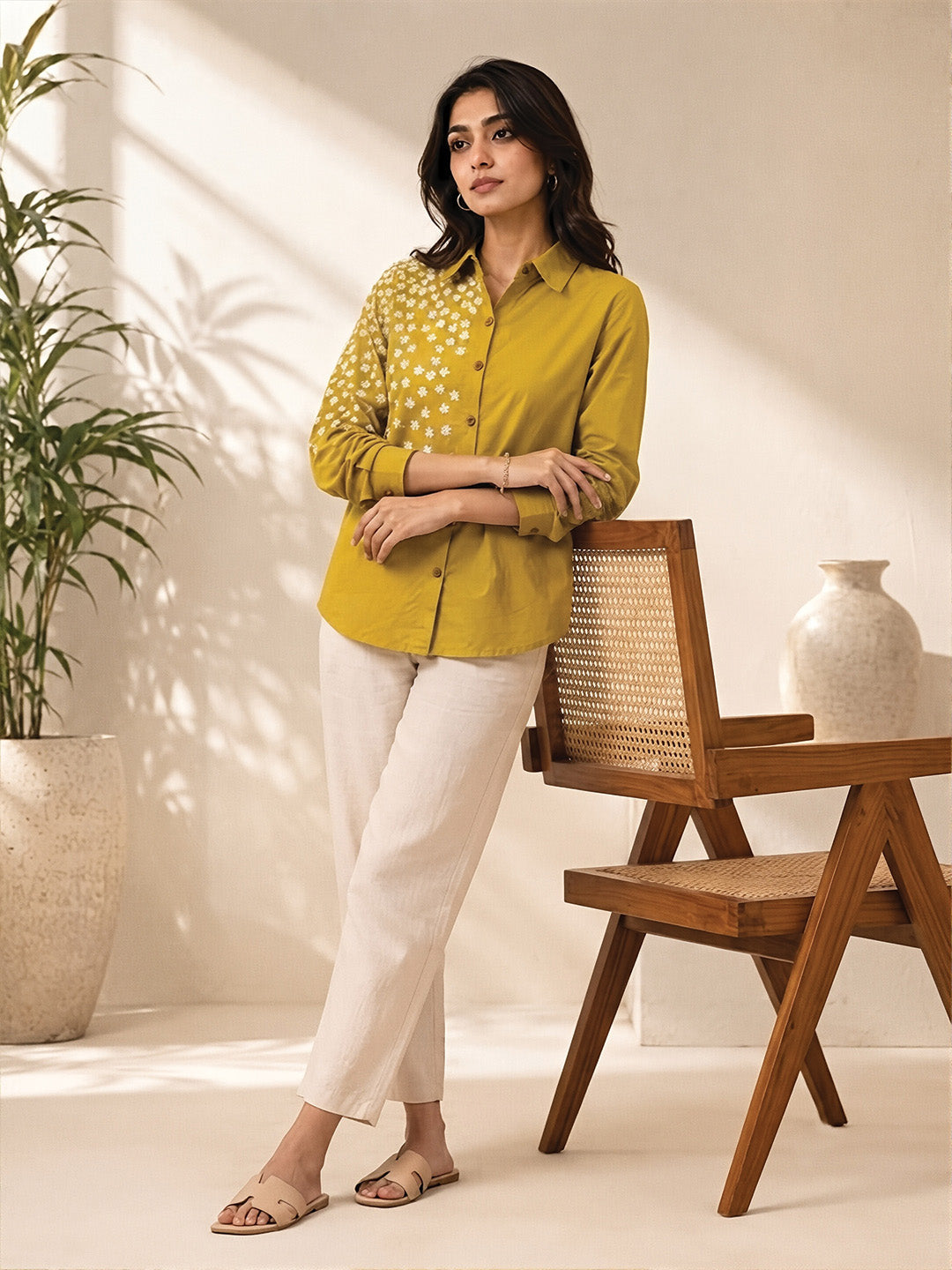 Yellow Flower Embroidered Shirt