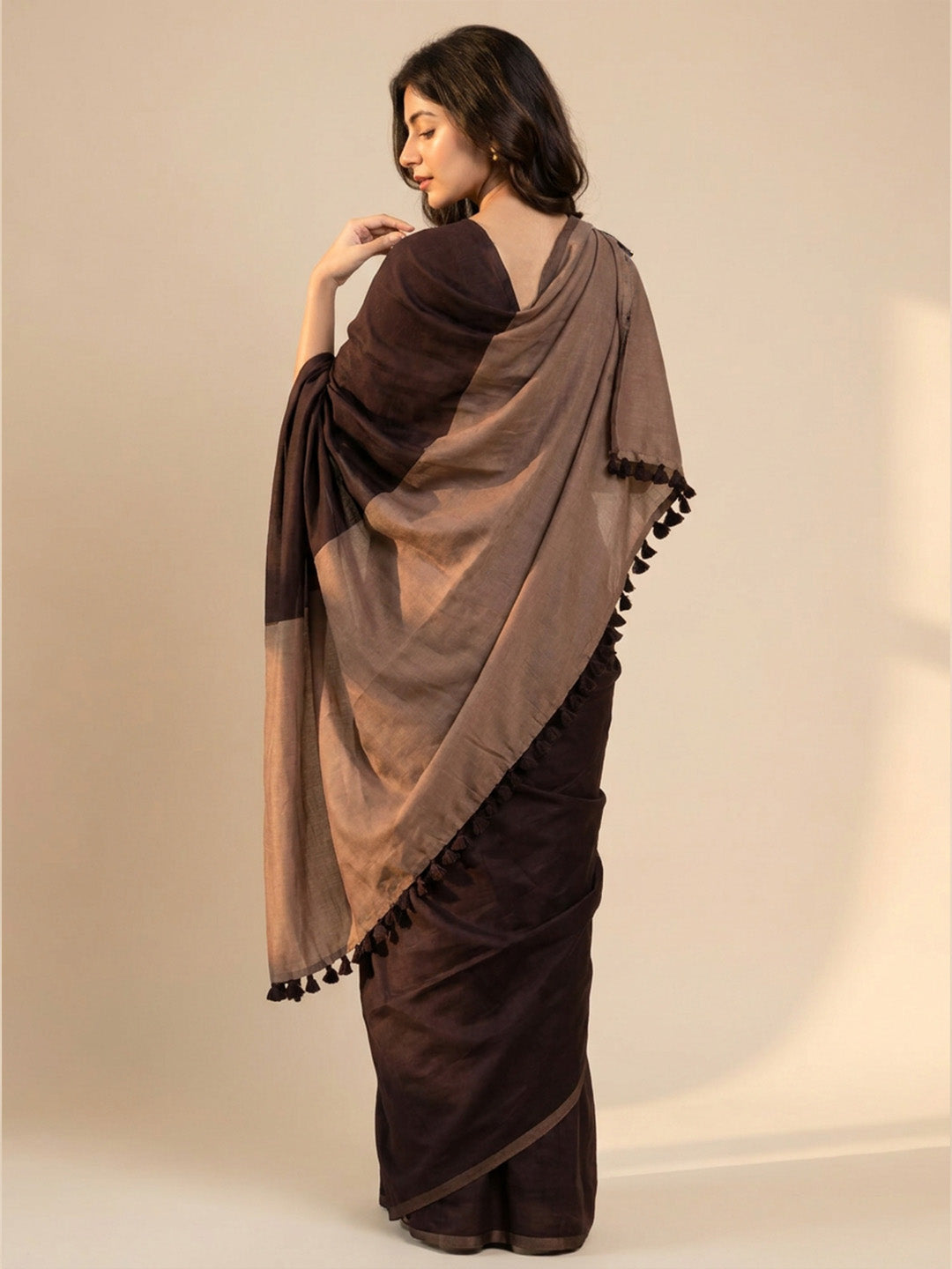 Dark Brown Contrast Cotton Saree
