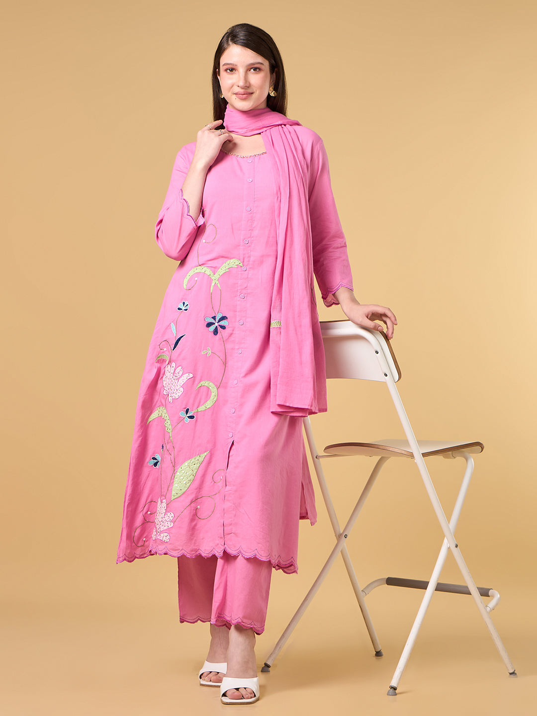 Pink Embroidered Cotton Suit