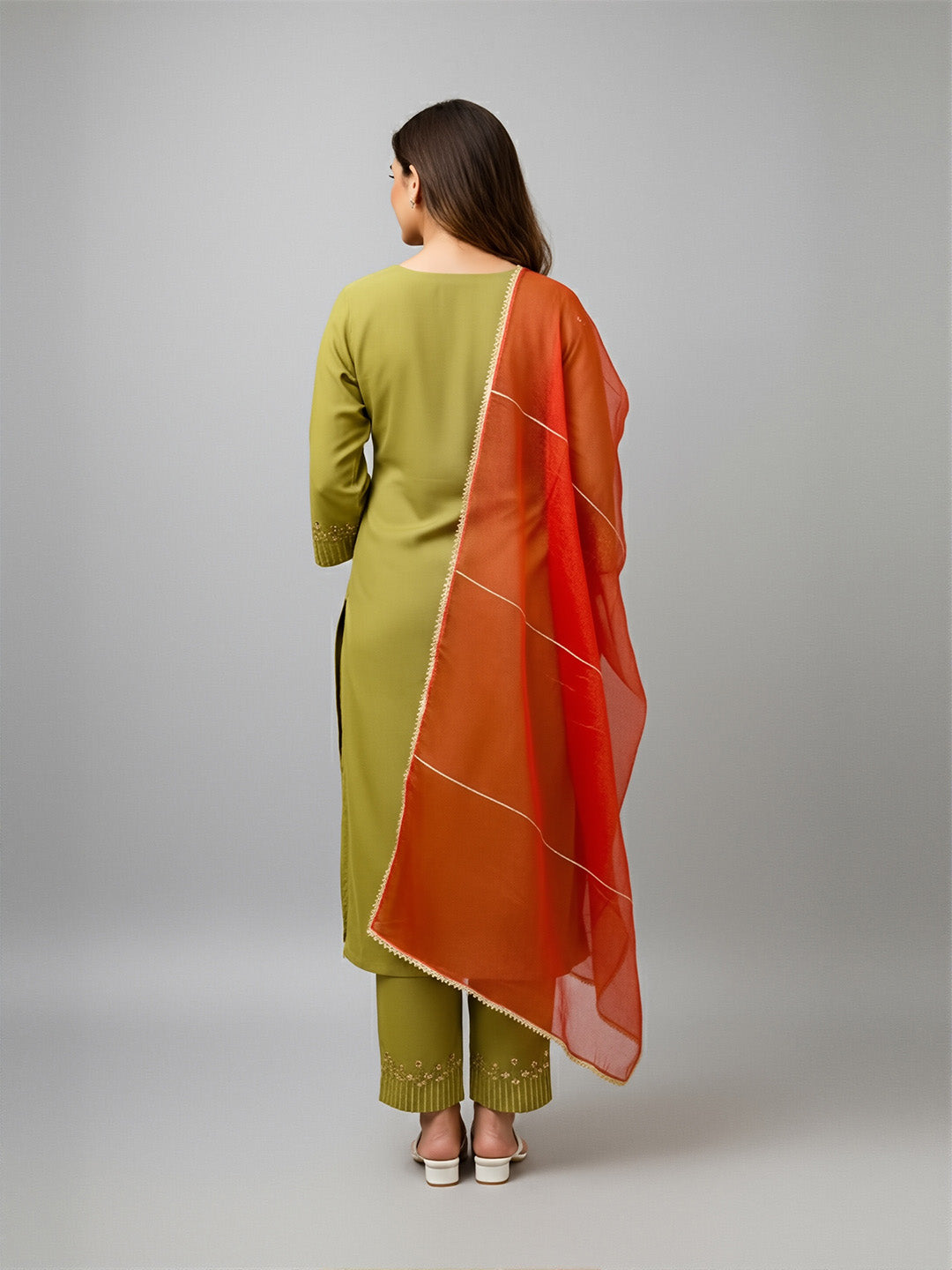 Saanjh Olive Green Mirror Work Cotton Suits