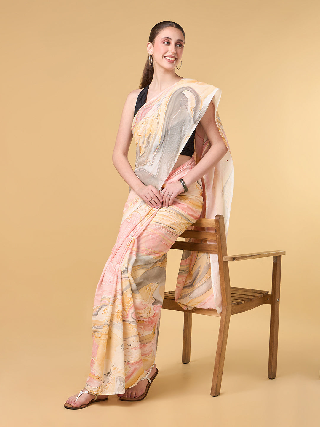 Pale Grey Hand Marble Printed Cotton Saree