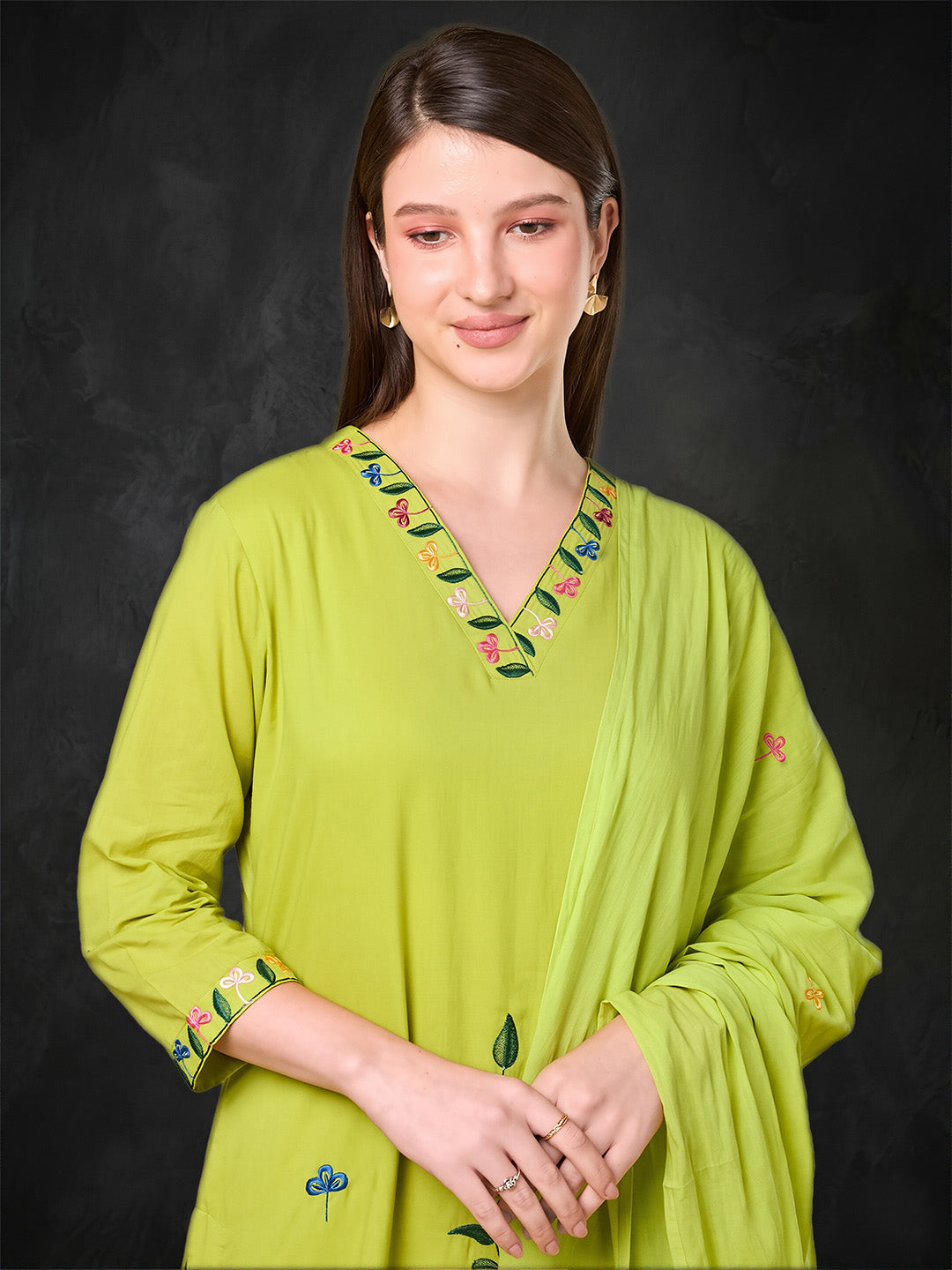 Green Embroidered Cotton Suit
