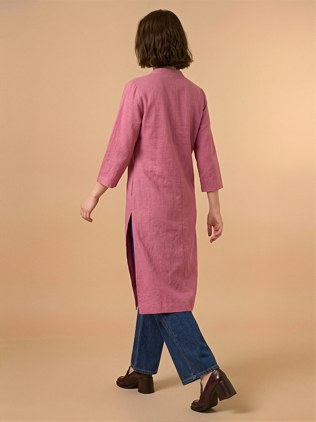Classic Linen Watermelon pink Straight Long Kurta