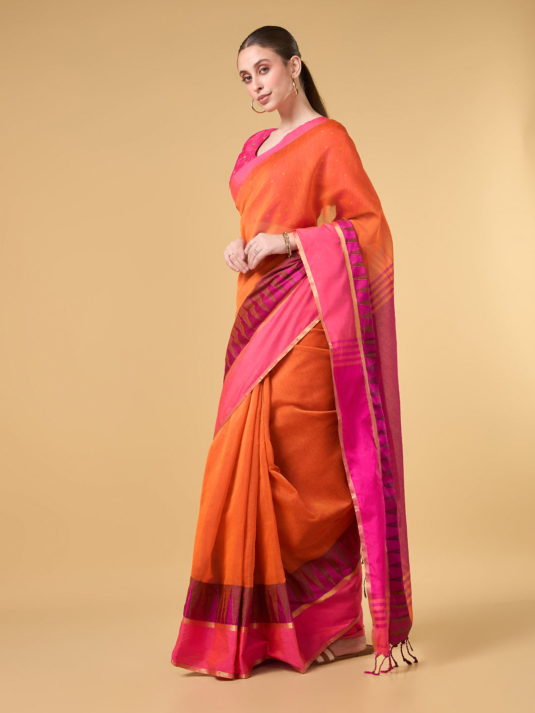 Saffron Temple Border Cotton Saree