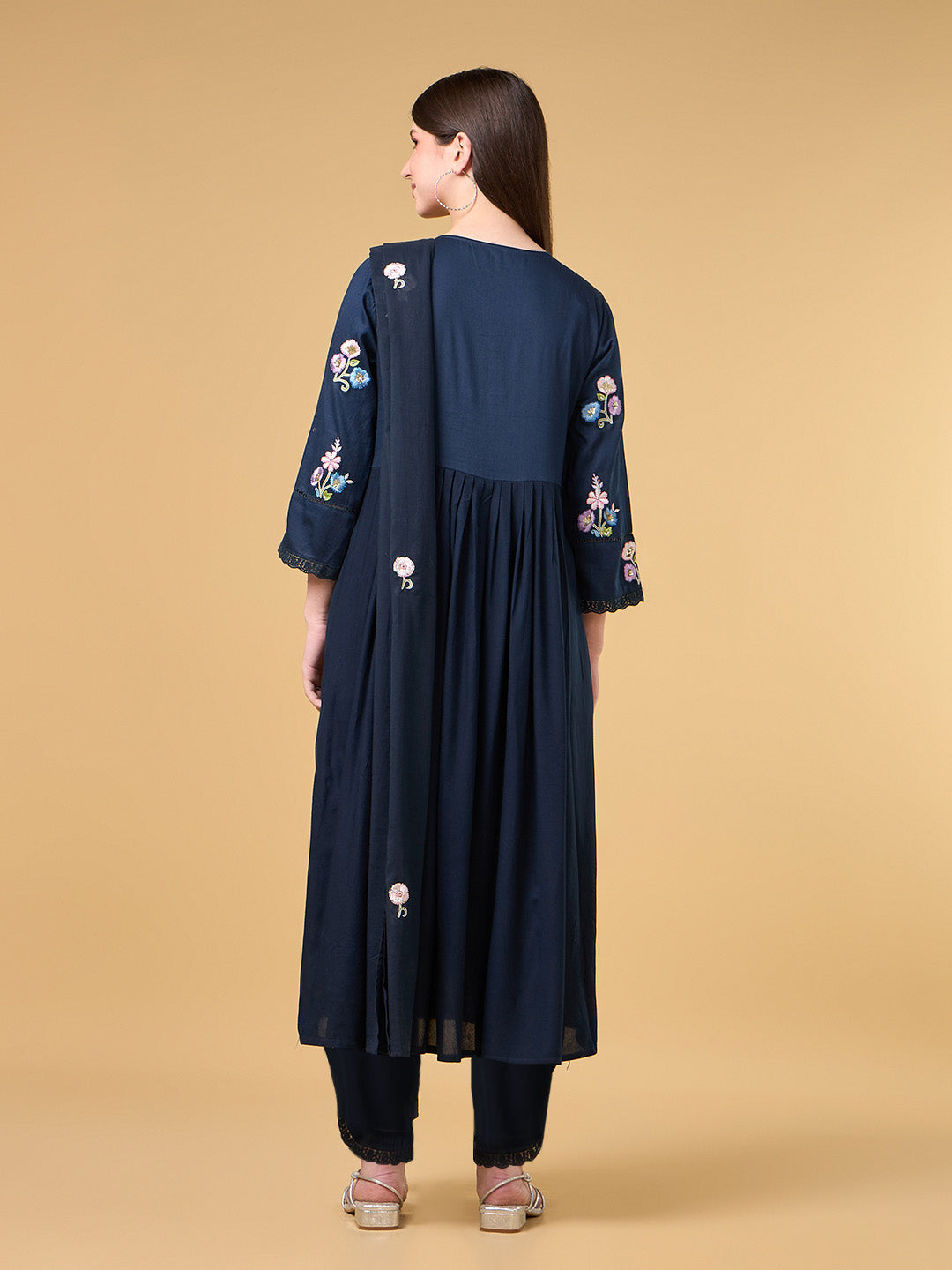 Navy Blue Embroidered Cotton Suit