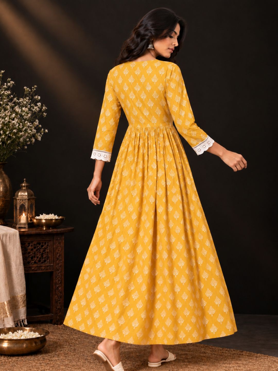 Mustard Lace Work Cotton kurta