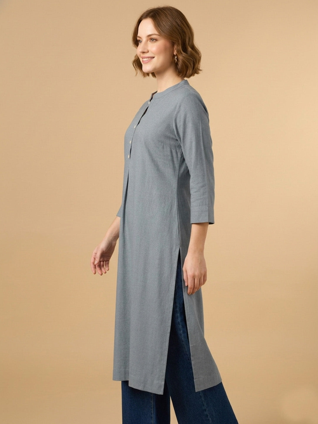 Classic Linen Grey Straight Long Kurta