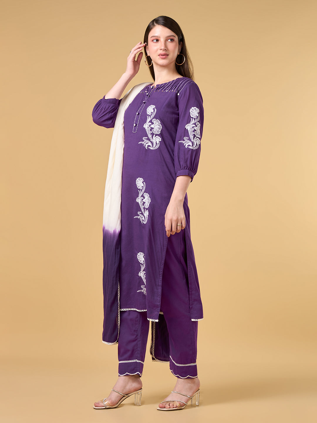 Dark Purple Embroidered Cotton Suit