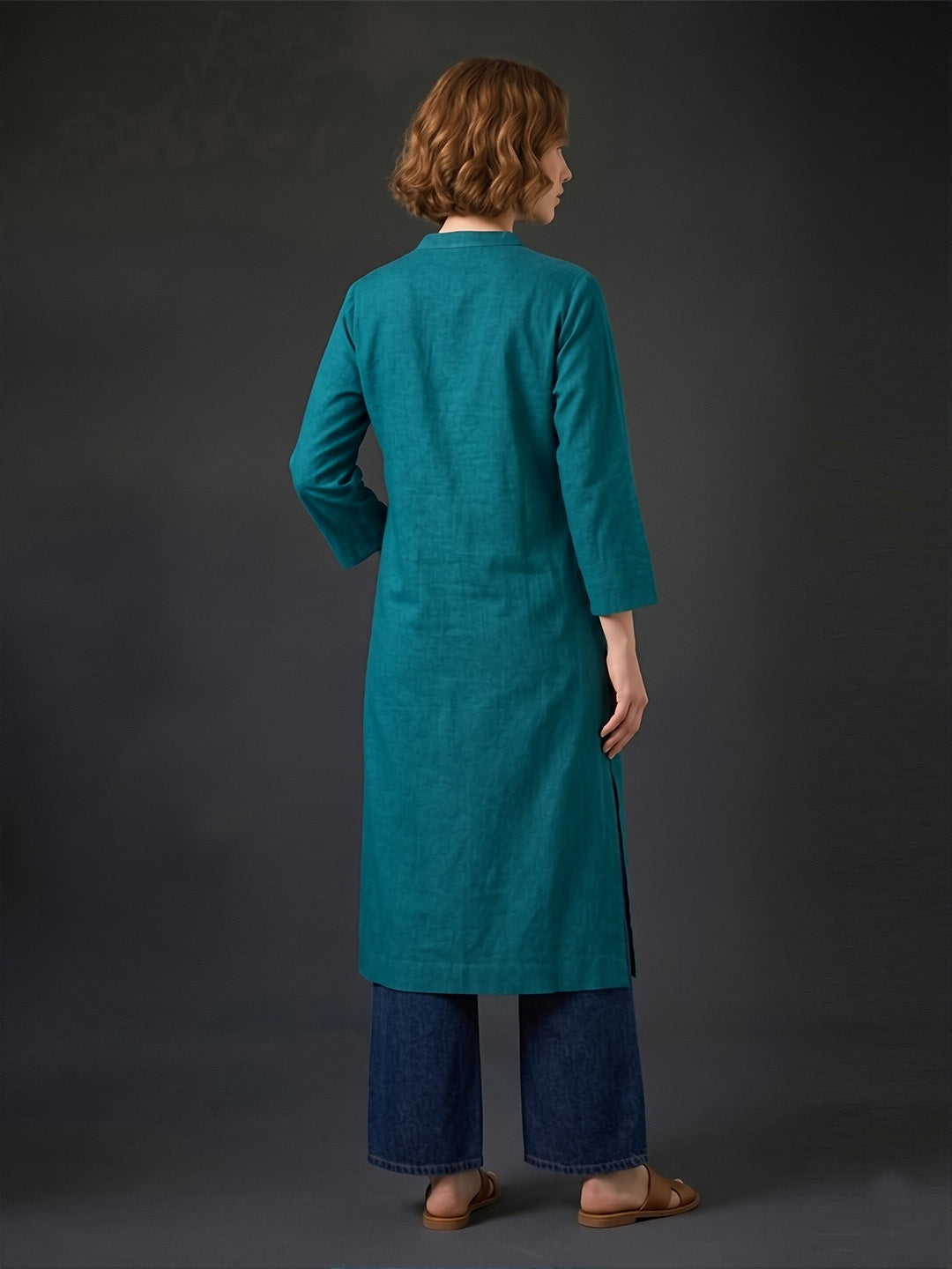 Classic Linen Teal Green Straight Long Kurta