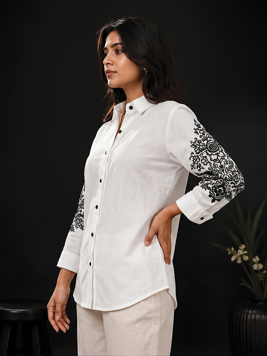 White Floral Embroidered Shirt