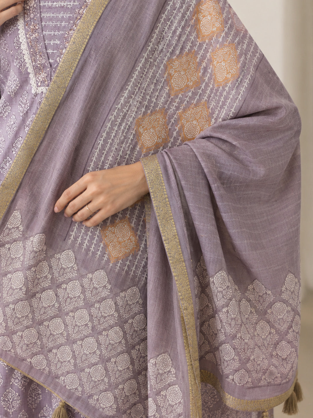 Misty Lavender Floral Block Print Cotton Suit