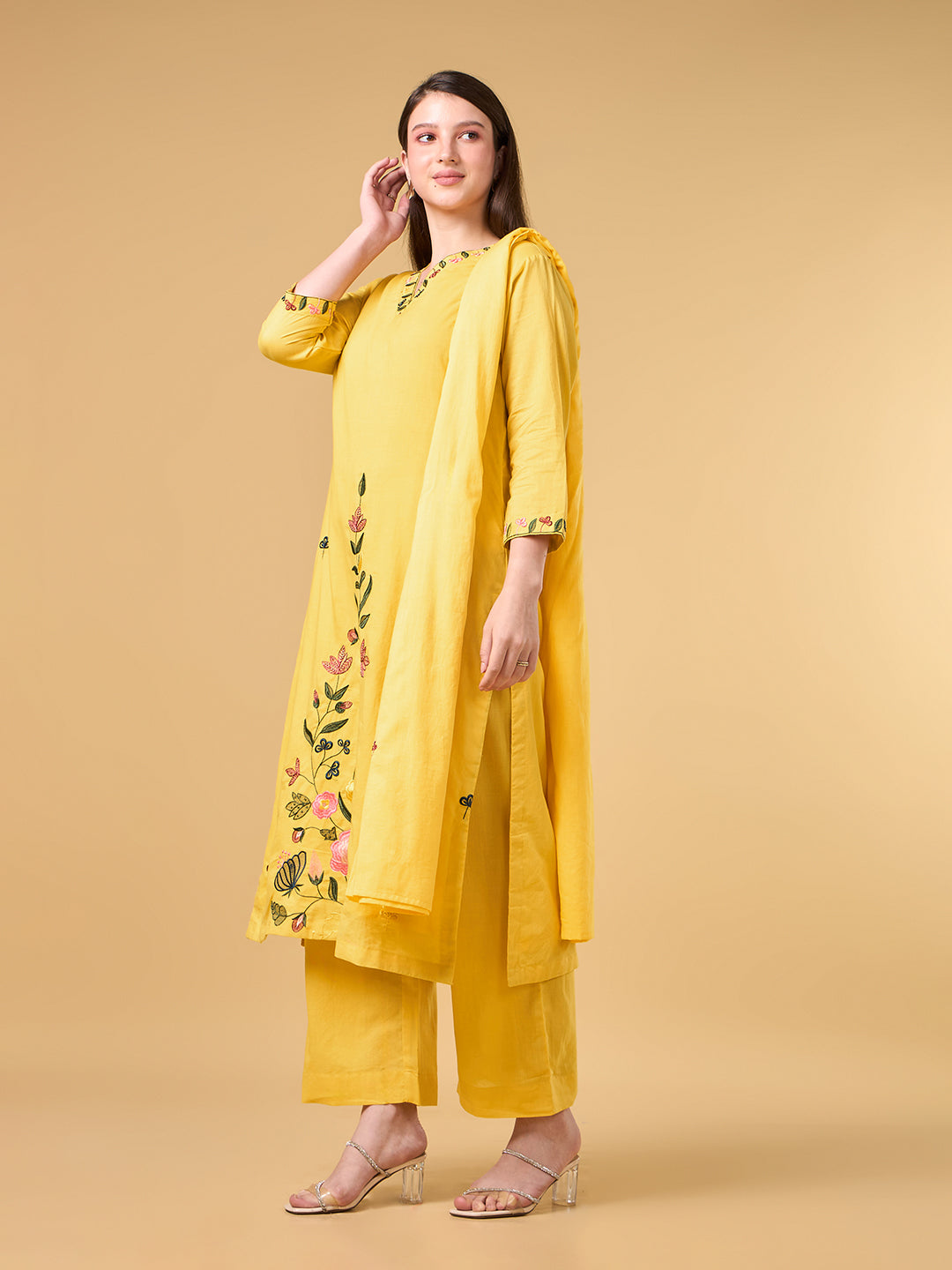 Yellow Embroidered Cotton Suit