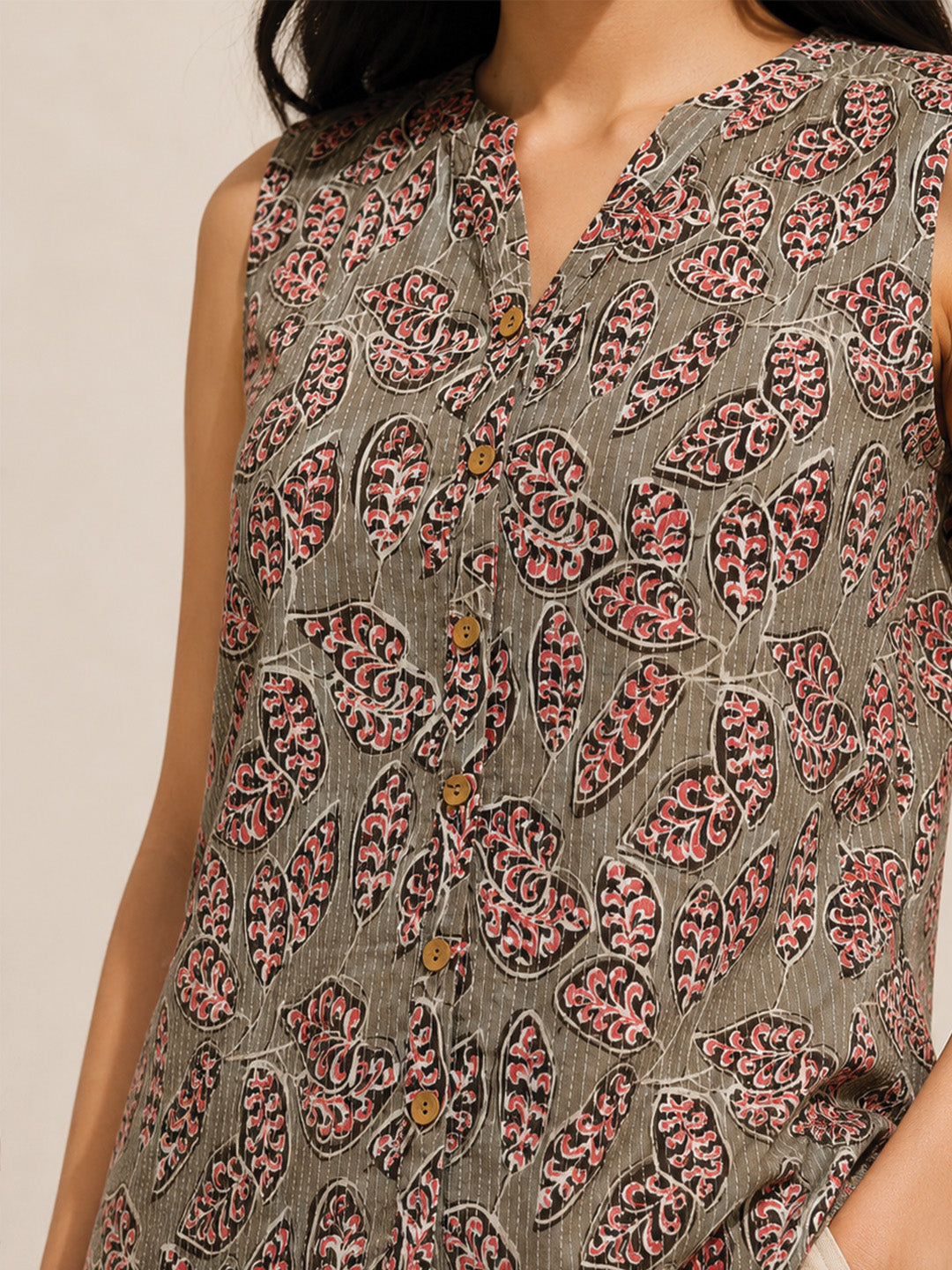 Grey Leaf Print short kurta