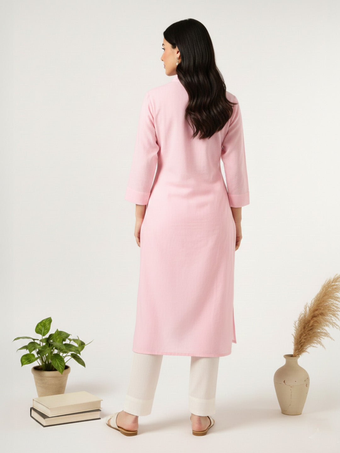 Classic Linen Baby Pink Straight Long Kurta