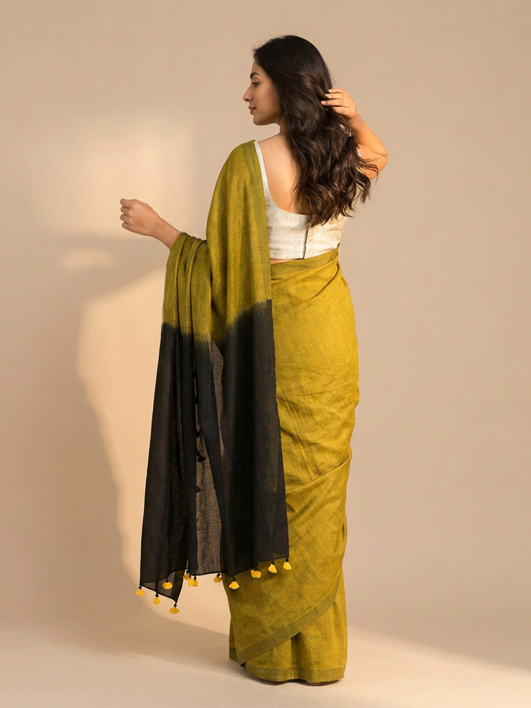 Olive Green Pink Contrast Cotton Saree