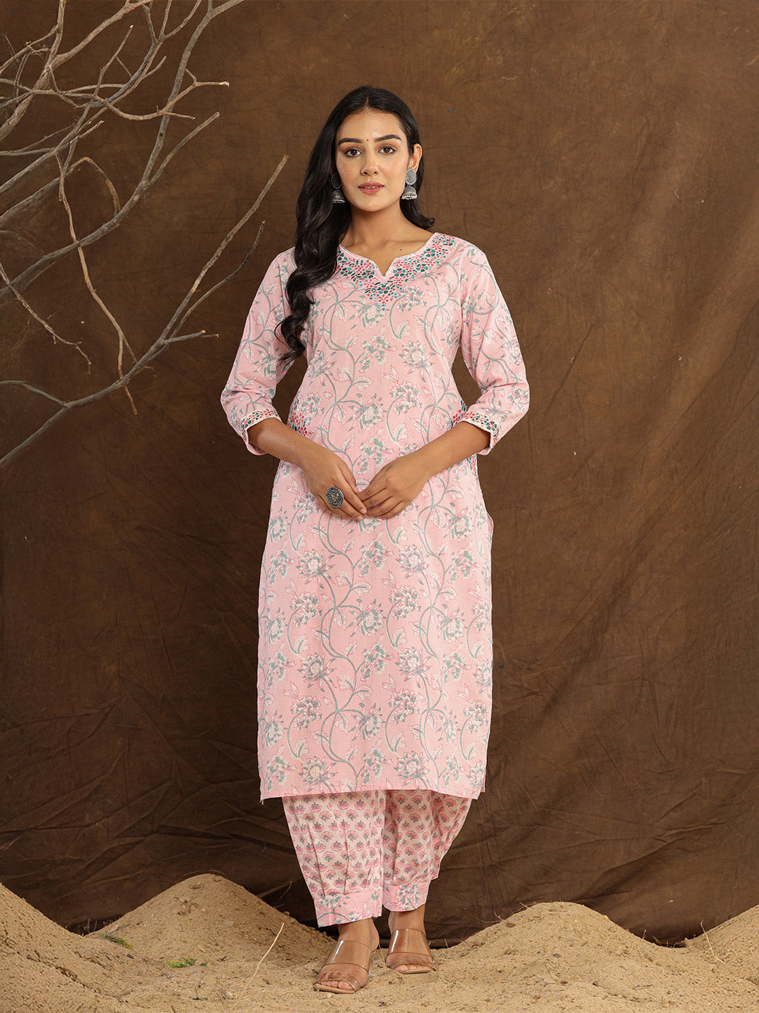 Baby Pink Lotus Printed Afghani Cotton Suit