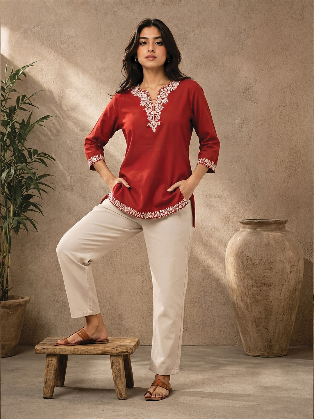 Red Floral Embroidered Short Kurta