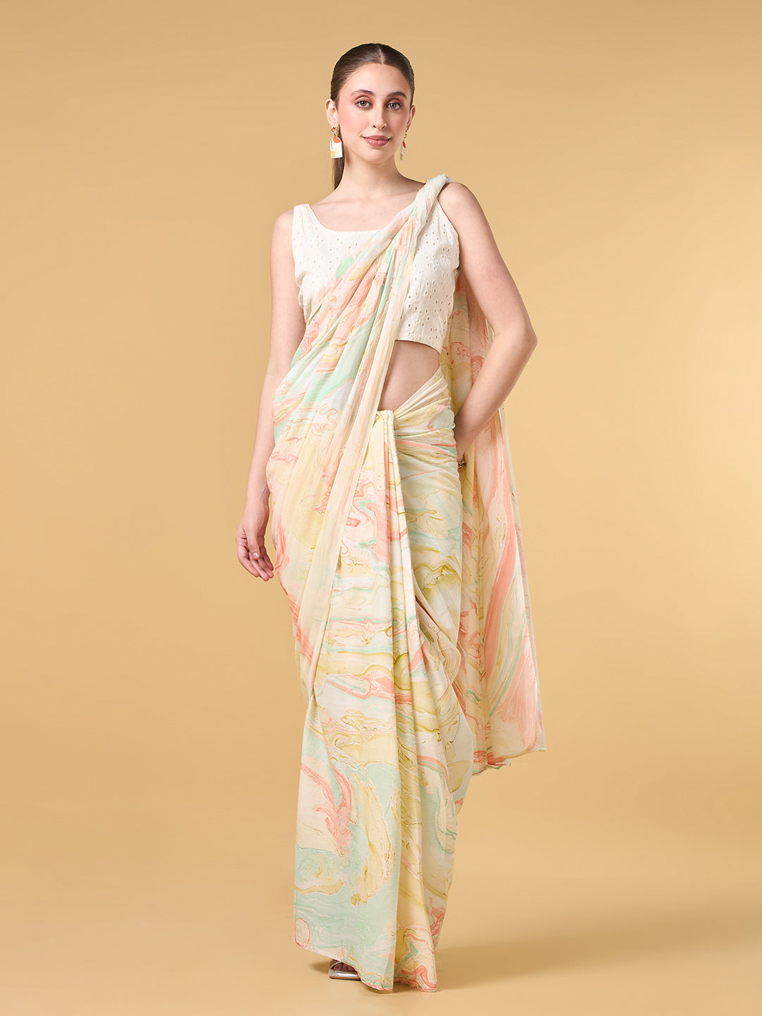 Misty Blue Hand Marble Printed Cotton Saree