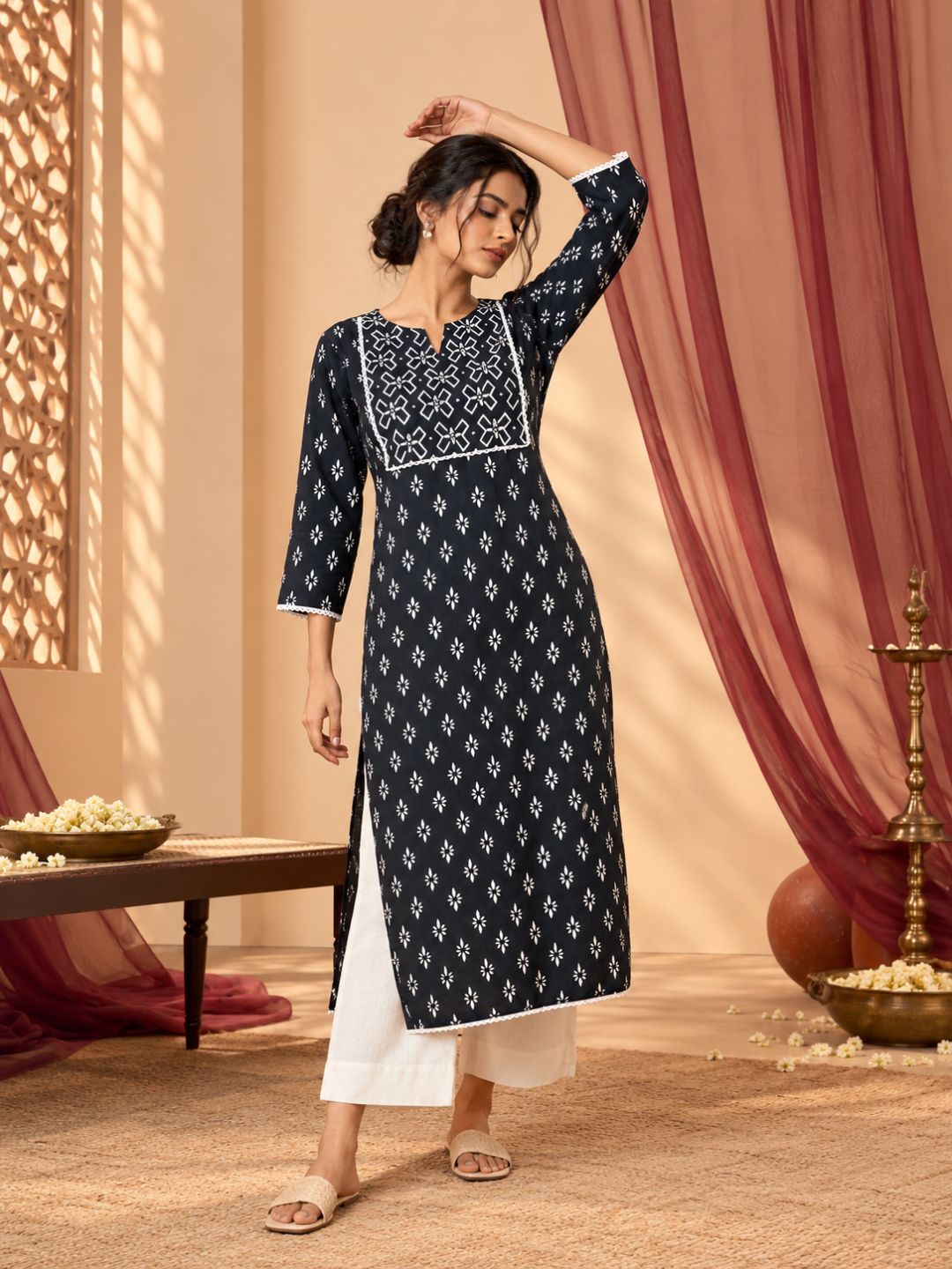 Black Sequence Work Rangoli Cotton Kurta