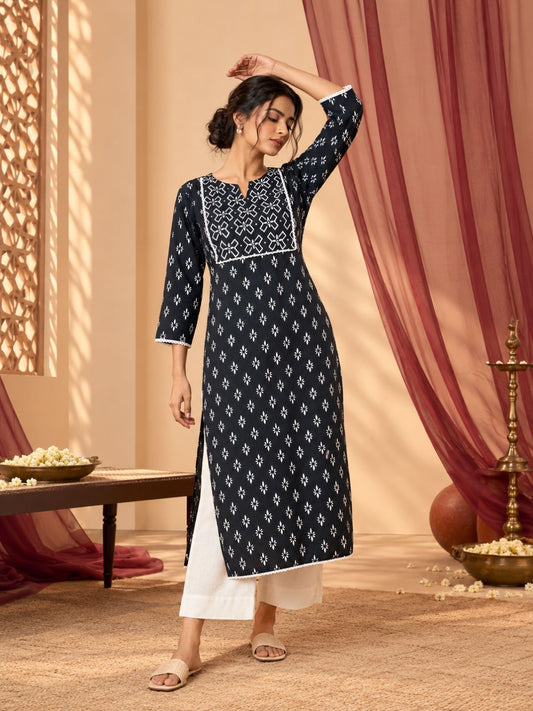 Black Sequence Work Rangoli Cotton Kurta