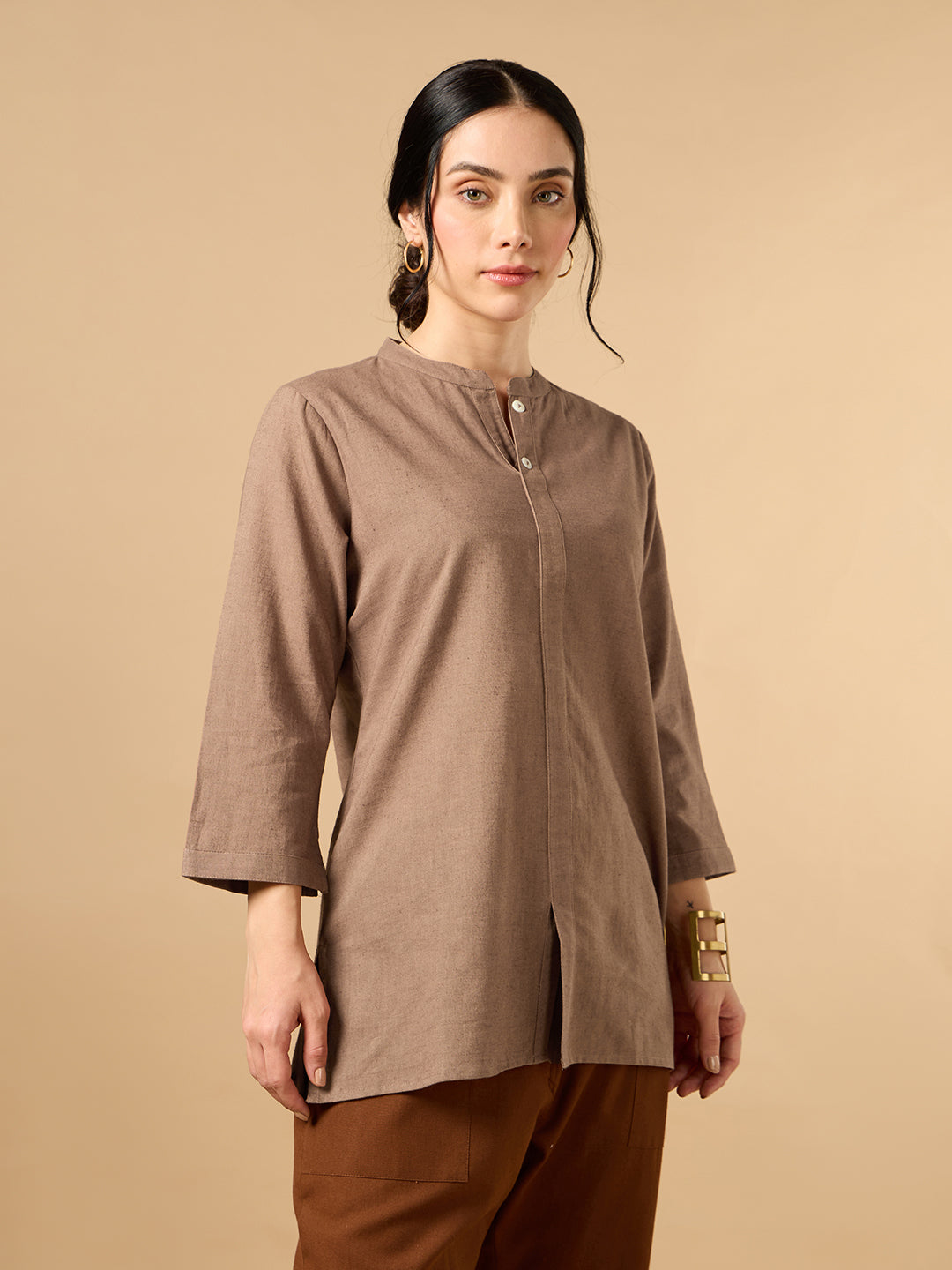 Classic Linen Light Brown Short Kurta